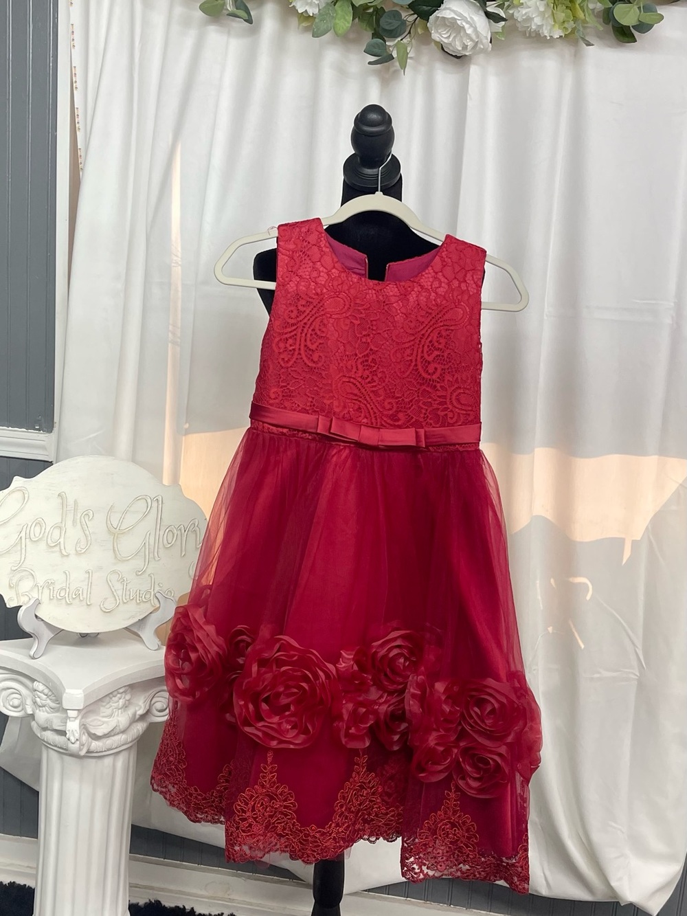 Girls Red Floral Lace & Tulle Party Dress